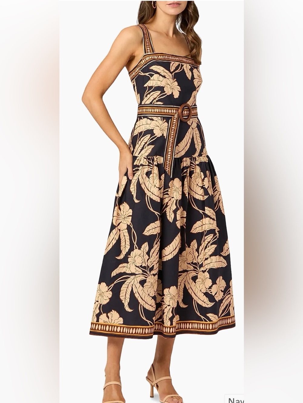 Shoshanna Kora Women's Navy Khaki Floral Belted Midi Dress Size 2 NWT NEW